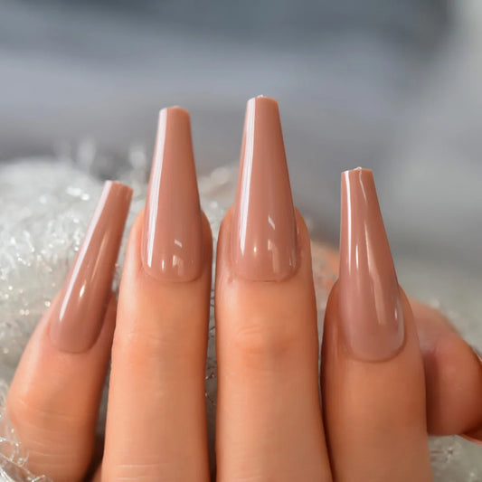 Nude Brown Super Long Finte Nails Coffin Press Glossy Press on Ballerina Acrilico False Nails Tips Party Cosplay Prom per donne ragazze