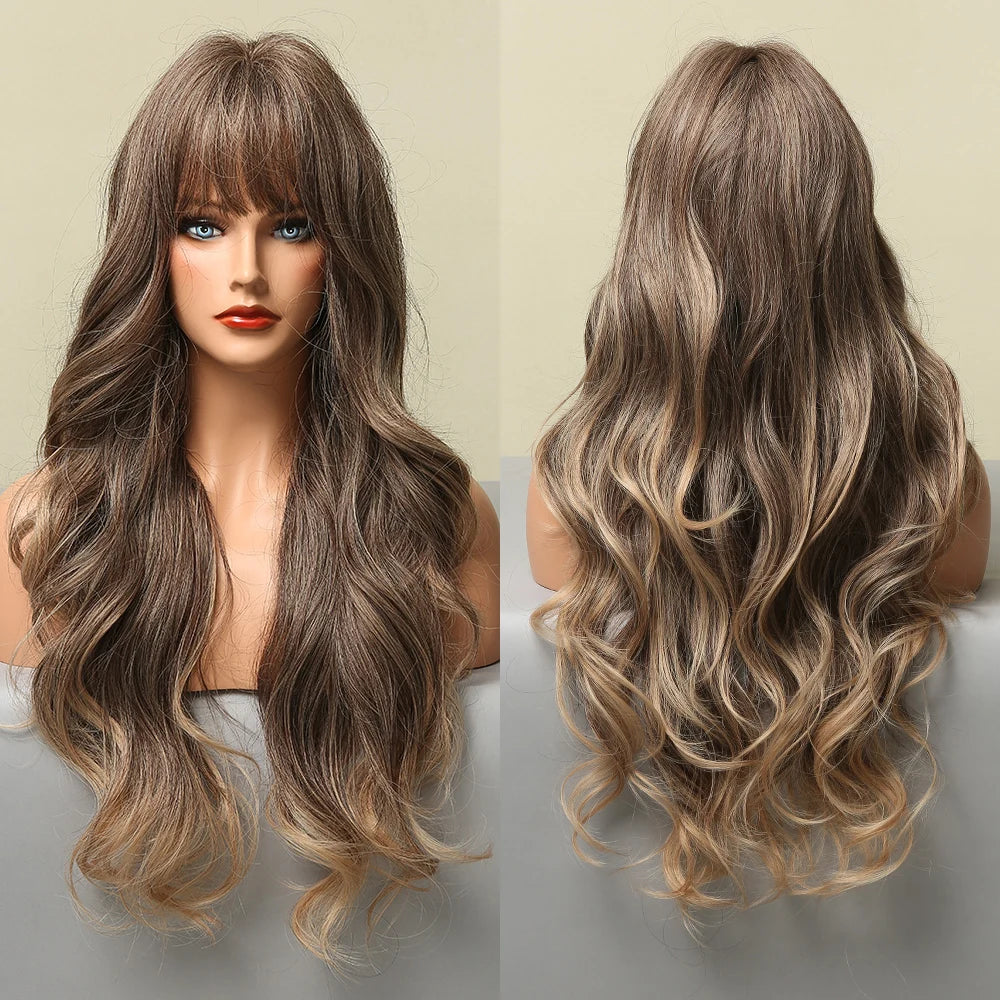 Brown Blonde Highlight Synthetic Wigs with Full Bangs Long Body Wave Wig for Women Heat Resistant Fiber Cosplay Daily Use