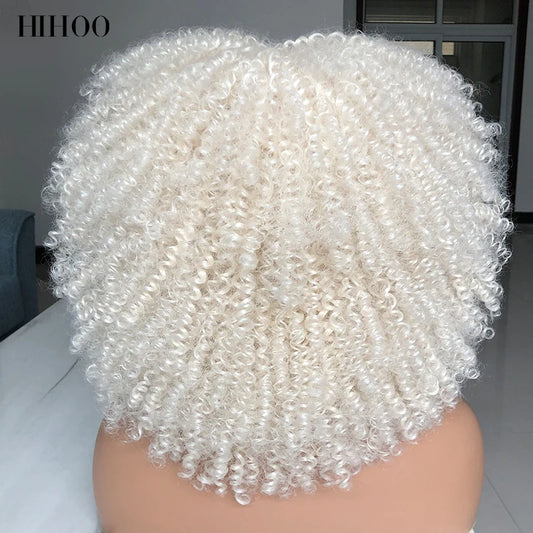 Short Hair Afro Kinky Curly Wigs With Bangs For Black Women Cosplay Lolita Synthetic Natural Blonde White Pink Blue Green Wig