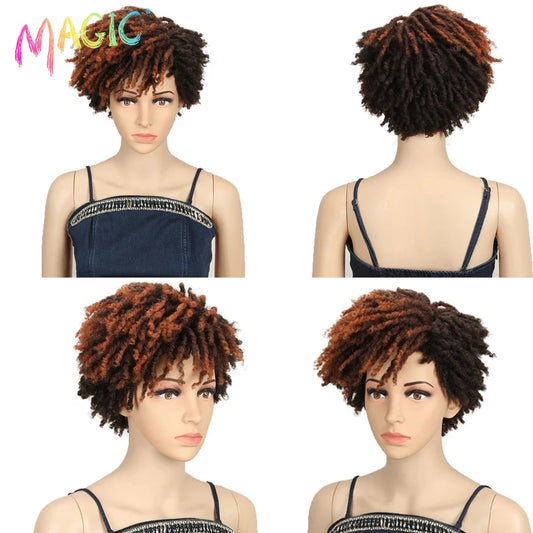 Magic 10 Inches Synthetic  Afro Kinky Curly Wig Short Dreadlock Wig With Bangs Ombre Black Blonde  Crochet  Wig for Black Women