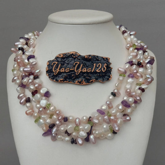YYGEM 4 Strands 19'' Pearl Prehnite Amethyst Garnet Necklace
