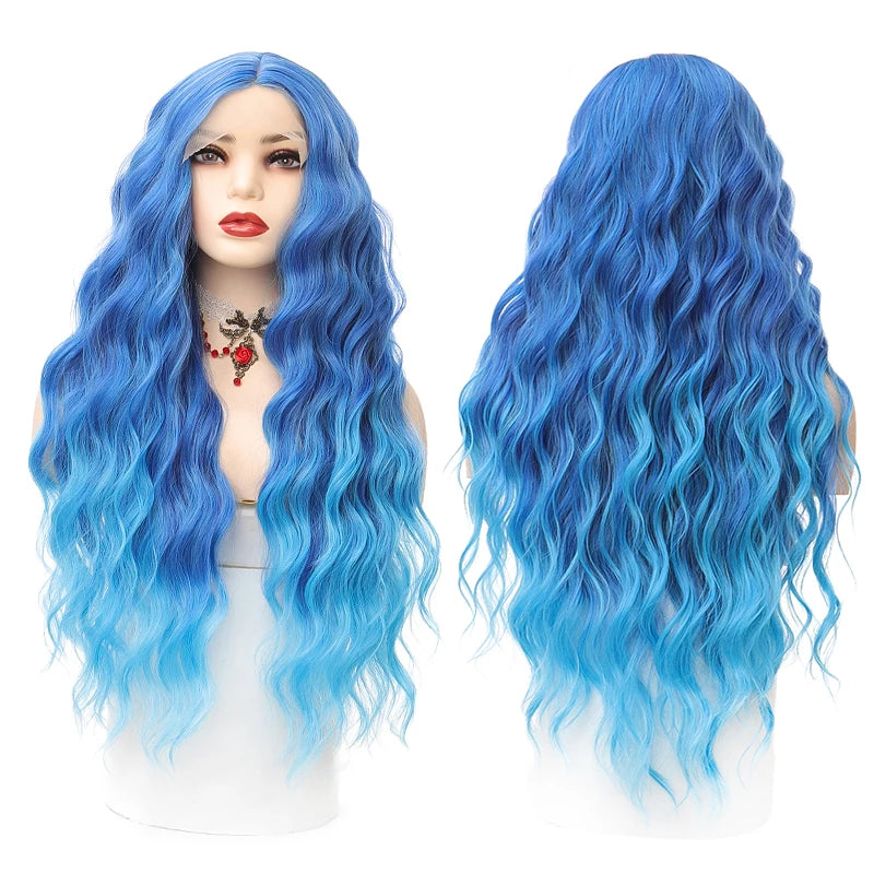 Synthetic Lace Wig 29 Inch Gradient blue Long Wavy hair Lace Wig For Women High Temperature Fiber Natural Hair Cosplay Wigs