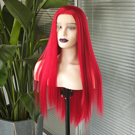 RONGDUOYI Long Straight Hot Red Hair Lace Front Wig Natural Hairline Middle Part Synthetic Wigs Long Silky Green Orange Hair