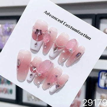 Handmade Star Press on Nails Pink Luxury Reusable Adhesive Korean Gradient Fairy Y2k Nail Tips Acrylic Artificial Manicure Girls