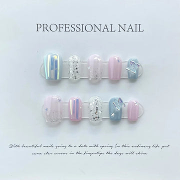 Handmade Korean Press on Nails Short Pink Blue Star 3D Design Reusable Adhesive False Nails Acrylic Full Cover Nail Tip Nail Art