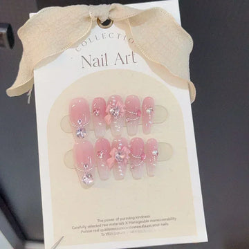 10pcs removeable ballet press on acrylic nails full cover gradient pink false nails with 3D charms handmade stick on nails long