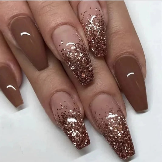 24 st borttagbara falska naglar med lim balett naglar med mönster gradient shinny brun press på naglar kista glitter falska naglar