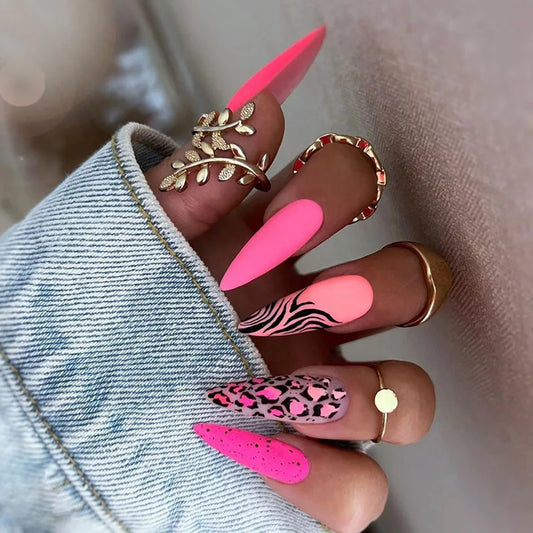 24 st mandel falska naglar pekade huvud bärbara falska naglar rosa leopardtryck design stilett trycka på naglar fullt omslag nagelspetsar