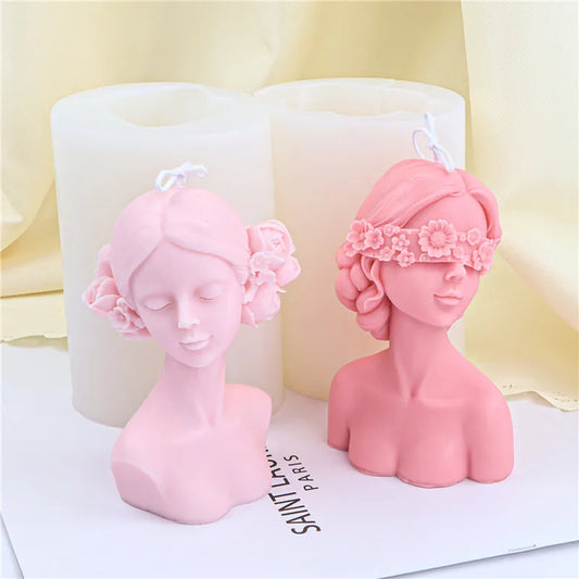 Blinded Braid Girl Silicone Candle Mold Closed Eyes Flower Half Body Beauty Aromatherapy Resin Mold Home Decoration Ornaments