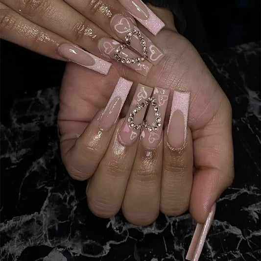 24 -stks afneembare lange ballerina valse nagels Franse witte rozenwolk vlinderpatroon volledige cover nagel tips diy nep nagels