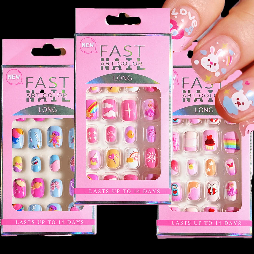 6-14Years 5D Cartoon Children's Nail Tips 24Pcs/box Safe Non-toxic Adhesive Fake Nails DIY Colorful Xmas Girl Gift Manicure Tips