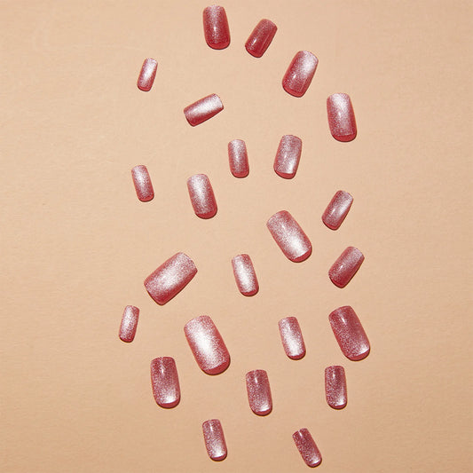 24 piezas Pink Brillante Press-On Nails Cat Eye Glitter Patch artificial de uñas para mujeres Manicure Suministros de arte de bricolaje con pegamento de gelatina
