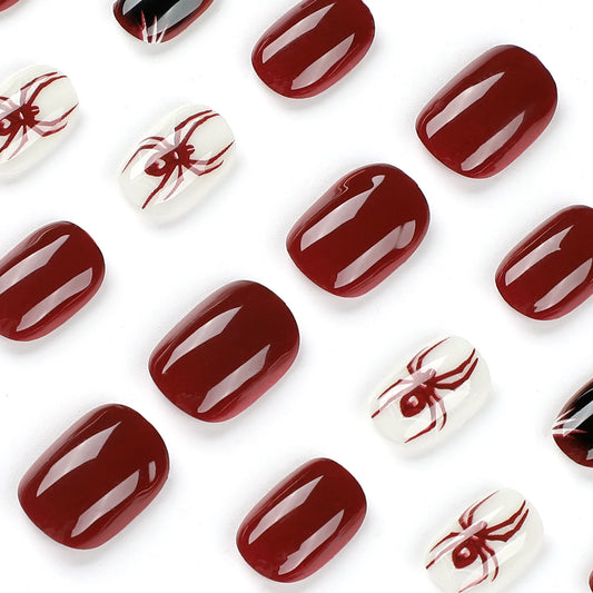 24pcs Red Spider Faux Nails Patch mignon Brave tête ronde rouge et couleur noire Nails artificiels pour fille pressante sur des ongles portables