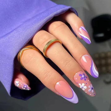 Fashion Beauty Tools 24PCS Sweet Purple Simple French Nail Art Fake Nails Cute Flowers Almond Type Wearing Nails Full Cover