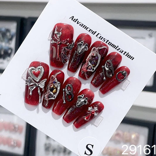 Prensa Y2k hecha a mano en uñas, uñas postizas adhesivas reutilizables góticas en negro y rojo con diseño, puntas de uñas acrílicas de ataúd largo de cubierta completa