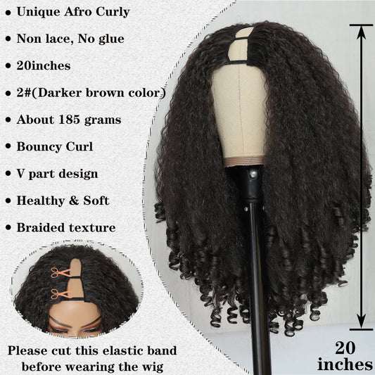 X-TRESS Afro Curly V Part Wig with Bouncy Curls Synthetic Kinky Straight Glueless Hair for Women No Leave out Clip in Half Wig