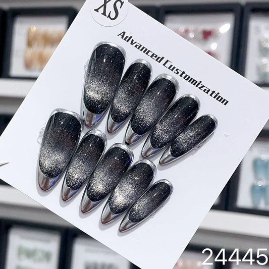 Handmade Y2k Press on Nails Long Almond Punk Luxury Star Nails Reusable Adhesive False Nails Black Full Cover Nail Tips Nail Art