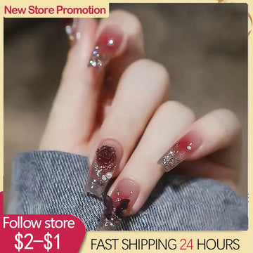24pcs French Style False Nails DIY Glitte Design Fake Nail Patch Butterfly Decoration Ballerina Artificial Nails Tip With Glue