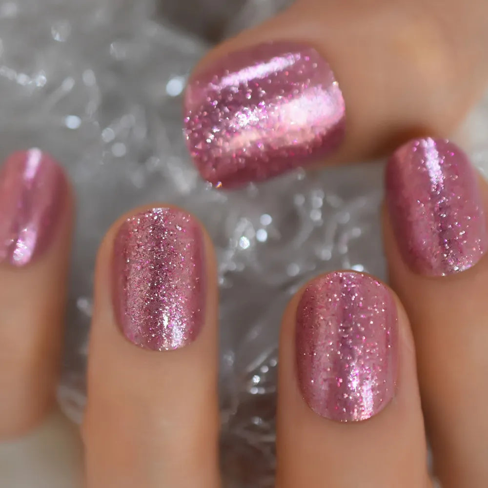 Tryck på falska naglar Glitter Pure Pink Color Artficial Nails Oval Prom Stick On Nails Girl Gloosy For Daily