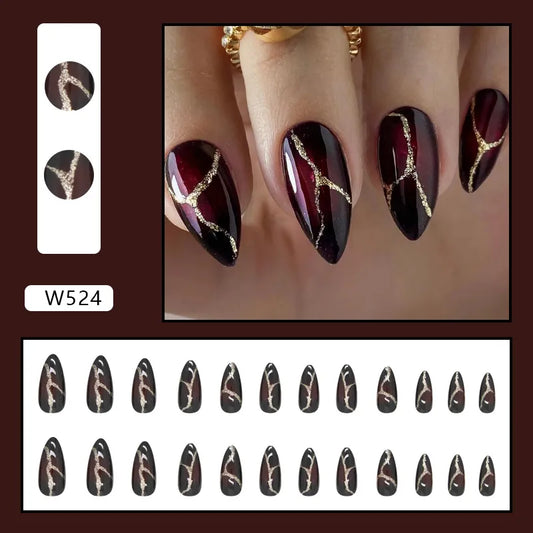 24pcs y2k Cool False Nail Tips Ins Gold Foil Retro Red Fake Nails Manicure Set Almond False Nail Patch for Girl Women Wearable