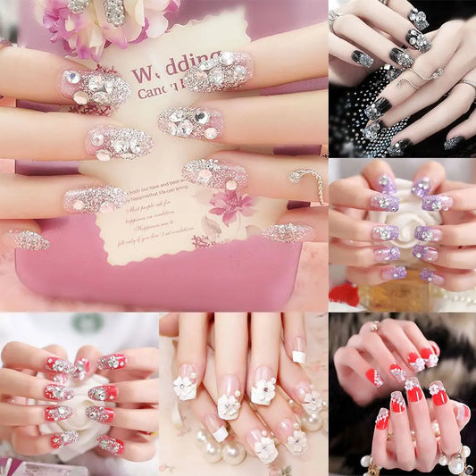 24 PCS valse nagel tips vierkante glitter volledige hoes kristallen bloem diamant nep nagels kunstgereedschap met lijm bruid bruiloft