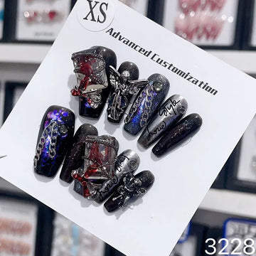 Uñas falsas hechas a mano y2k negro lujo de lujo gótico adhesivo adhesivo uñas falsas largas ataúd acrílico manicura artificial para niñas