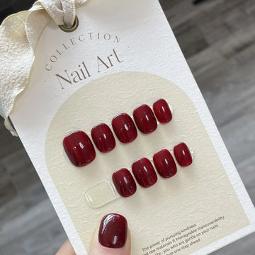 Short Press On nails Handmade Acrylic Full Cover Professional Japanese Nail Sticker Sweet Artificial Red Color Round Head Nails