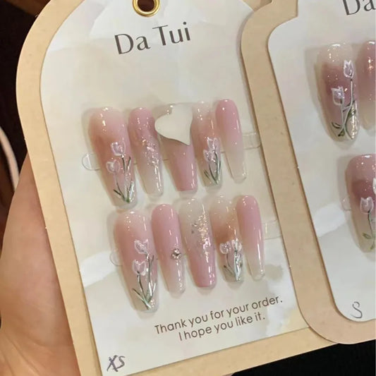 10 PCs mit falschen Nägeln gefälschte Nägel reine handgefertigte 【Tulpe】 kostenloses Nagelverstärkungs -Kit