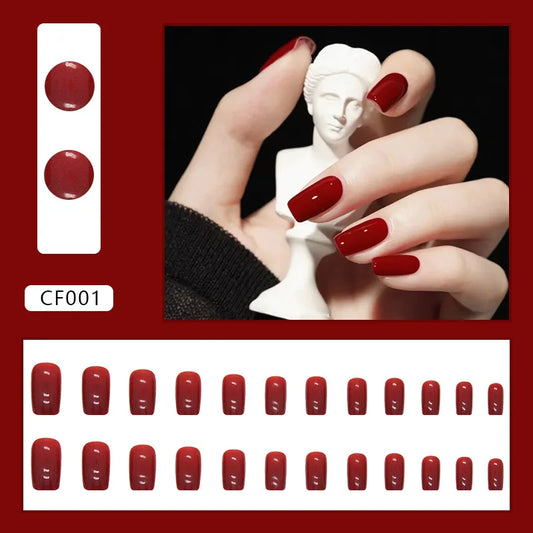 Solid Nude Color Simple Red Blue Green White Black Glossy Short Square Finished Fake Art False Nail Tip Press on Nail Glue Woman