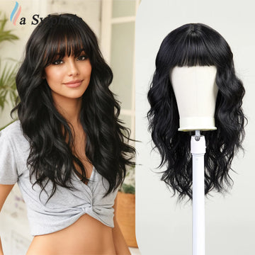 La Sylphide Black Wig with Bangs Long Water Wavy Wigs for Women Party Wigs Cosplay Daily Use High Density Fiber Hair