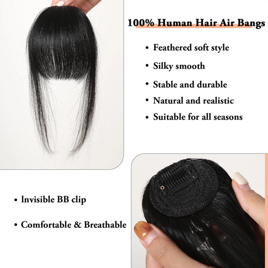 100% Human Hair Bangs Hair Clip in Bangs Natural Black Wispy Bang Fringe with Temples Hairpiece for Women Clip on Air Bang 4.5in