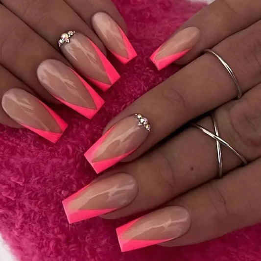 24 piezas de uñas falsas de ballet Pink Gritient Glitter Rhinestons Cubierta completa Consejos de uñas acrílicas con presas en uñas Nainas falsas desmontables