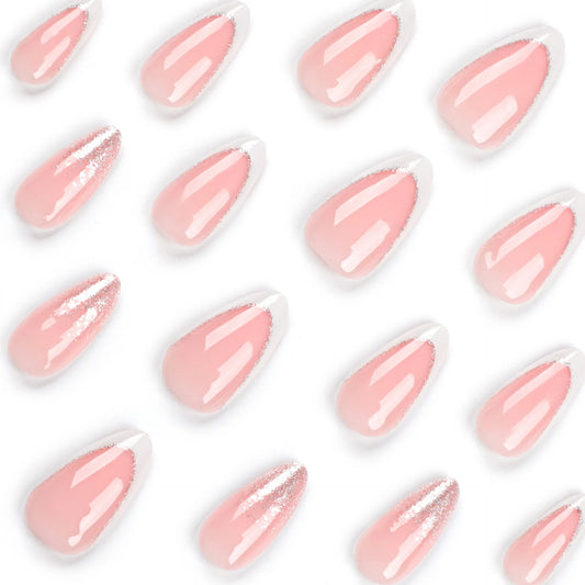 24pcs French False Nails Ins Simple White Edge False Nails for Lady Girl Wearable Almond Shiny Press on Nails Manicure Set