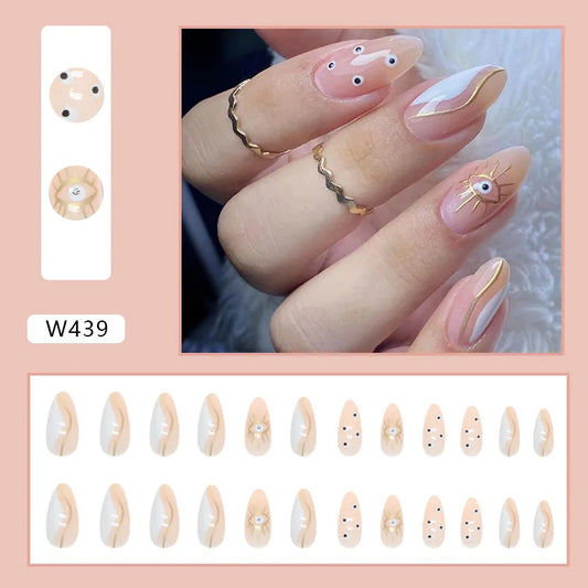 24st Ins Simple False Nails Gold Eye Print Fake Nails Almond Head Naken Color Press On Nails For Women Girls