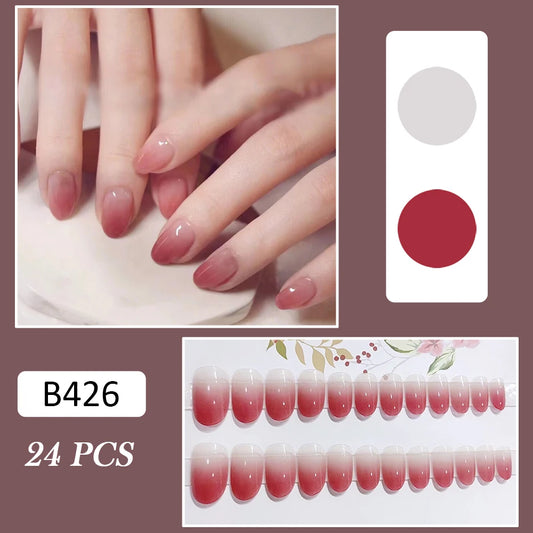 24pcs Short Artificial Nail Solid Color Gradient Pink Round Head Full Finished False Nail Patche Press on Nail Tips Wearable