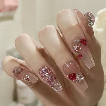 24 st bärbara falska naglar med lim glitter hjärtformad strass design fullt omslag nagel spetsar akryl falska naglar tryck på