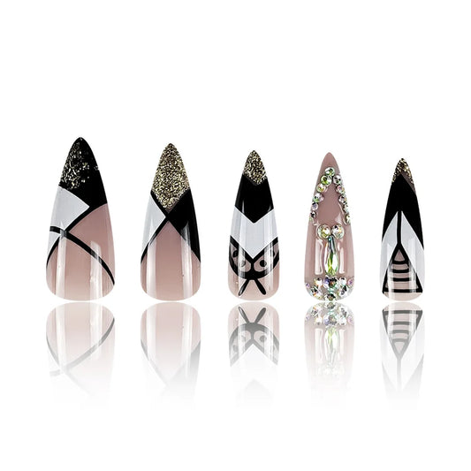 2024 Pointed Head False Nails French Black White Press on Nails with Crystal Design European Women Lady Artificial Fake Nails
