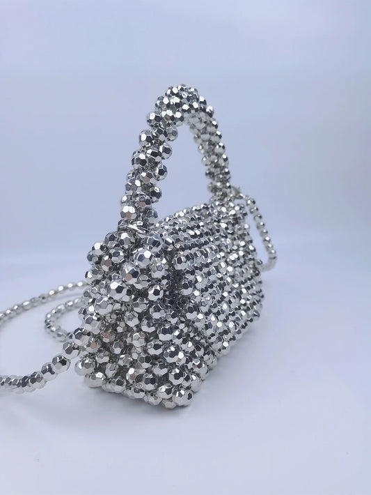 Neuer Modetrend Silber kleiner quadratischer Tasche funkelnder Handheld Crossbody Dual Purpose Perlen Bag Bankett Girl Geschenktüte