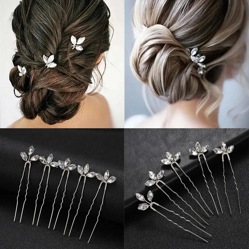 Bridal Tiaras U-shaped Hairpins Forks for Women Silver Color Crystal Pearl Barrette Hair Clips Side Pins Wedding Hair Jewelry
