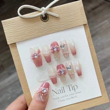 Handmade Pink Press on Nails Cute Korean Design Medium-length Reusable Adhesive False Nails Artifical Full Cover Nail Tips Art