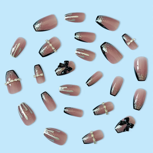 Fransk svart press på naglar medium, fjäril falska naglar naken kista akryl falska naglar, konstgjorda naglar för kvinnor och flickor-2