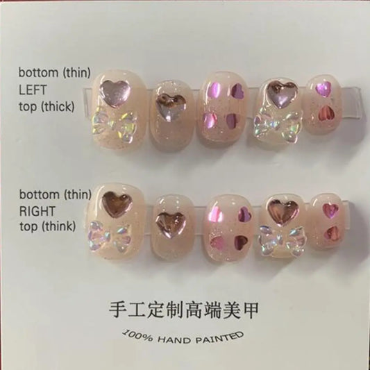 Handmade Short Press on Nails Korean Heart Charms Round Reusable Adhesive Fake Nails Artifical Nail Tips Nail Art for Girls