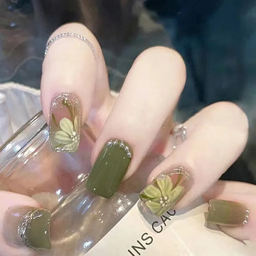 24pcs/Set Press su unghie finte verdi indossando un chiodo di bara di bara arte di unghie false riutilizzabili con colla piena copertura artificiale