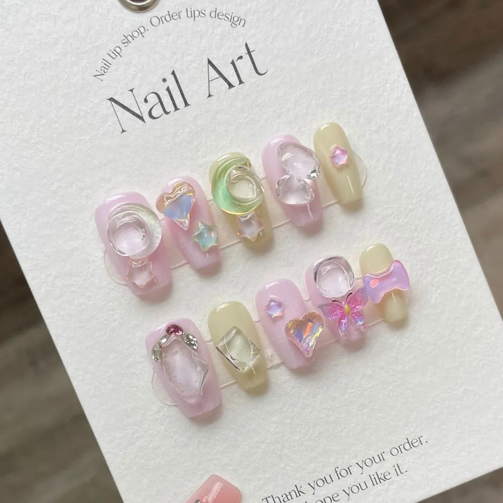 Handgjorda rosa pressar på naglar y2k söt kort stjärna föran återanvändbar lim falska naglar med charm akryl fullt omslag nagelspetsar