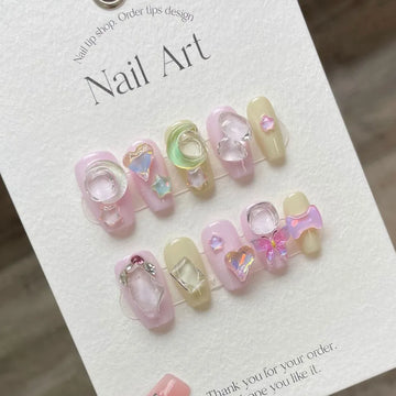 Handmade Pink Press on Nails Y2k Cute Short Star Decration Reusable Adhesive False Nails with Charm Acrylic Full Cover Nail Tips
