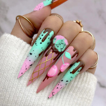3D summer fake nails accessories CHOCOLATE ice cream designs sweet long almond french tips faux ongles press on false nail set