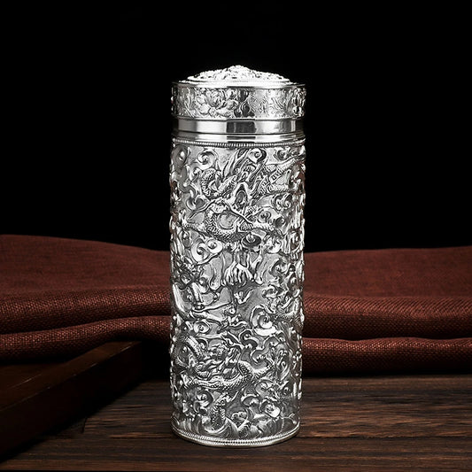 كأس ناين دراجون مصنوع يدويًا من الفضة الإسترلينية النقية 999 كوب من الفضة الإسترليني الداخلي للرعاية الصحية كوب الترمس