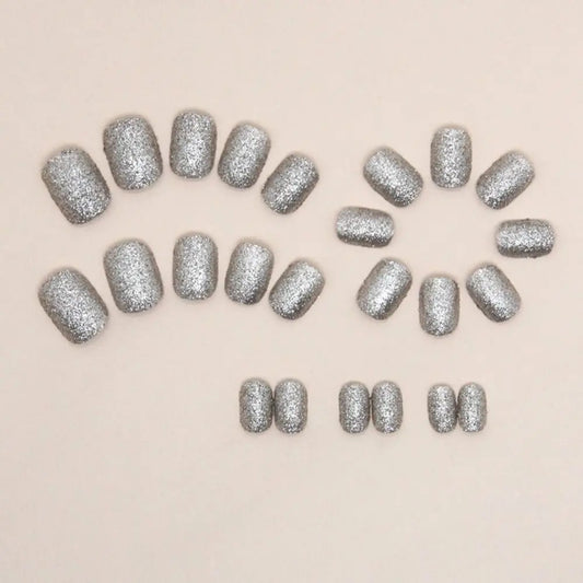 French False Nails Detachable Glitter Silver Short Round Nail Tips Aurora Slices Autumn Flowers Fake Nails for Salon