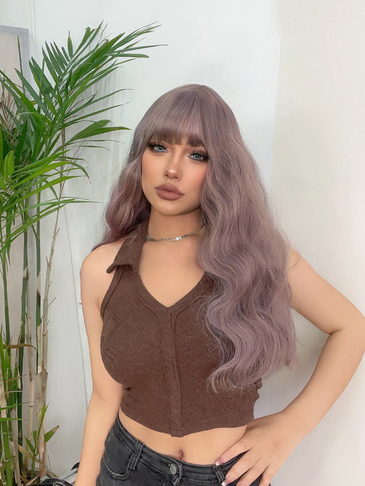 28Inch Pale Lavender / Chocolate Color Synthetic Wigs with Bang Long Natural Wavy Hair Wig for Women Daily Use Heat Resistant