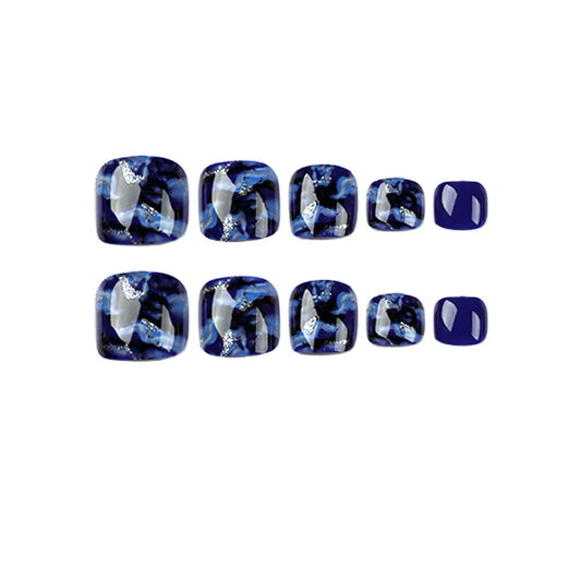Blauw witte halo verven glitter poeder kunstmatige teennagels teen nep nagels met lijm draagbare korte platte vorm nep teennagels
